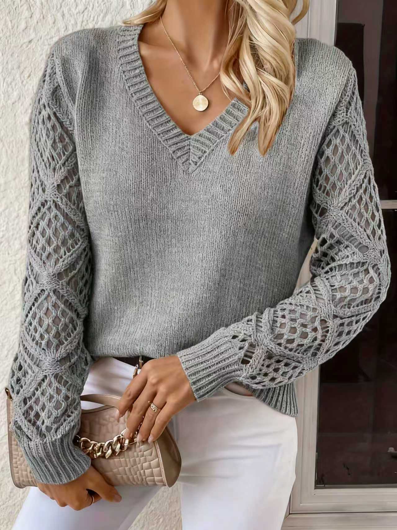 Spring and Autumn Outerwear Hollow-out Knit Sweater Women's Pullover Long Sleeve Crochet Jacquard Loose V-neck Base Top Cross-border - Image 37