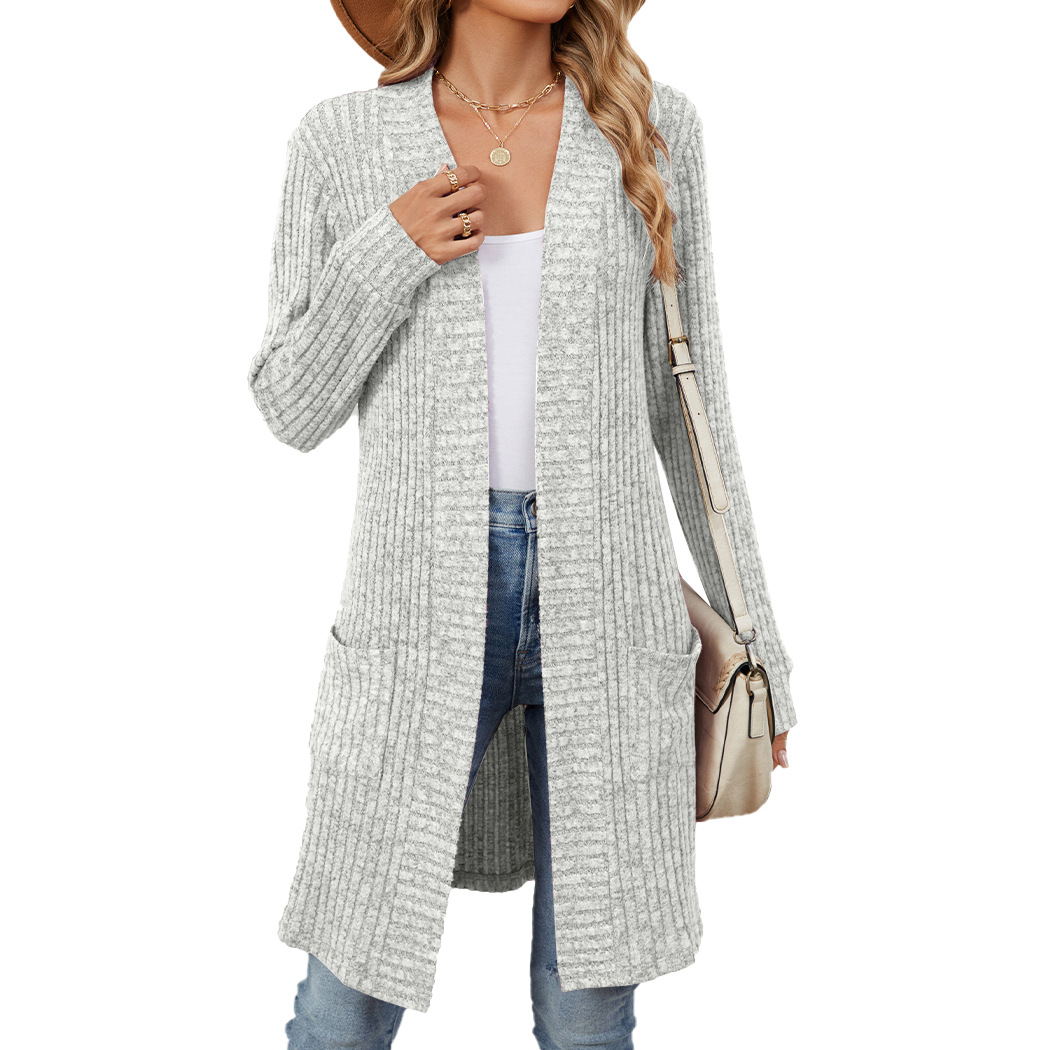 Amazon 2025 European and American Cross-border Foreign Trade Autumn and Winter Long Solid Color Long Sleeve Loose Pocket Cardigan Coat Women's Clothing - Image 5