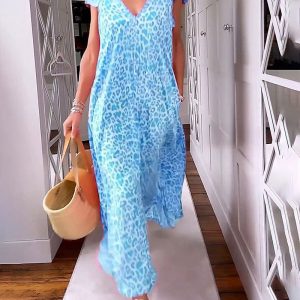2023 cross-border European and American summer V-neck fashion dress Leopard print dress loose and slim