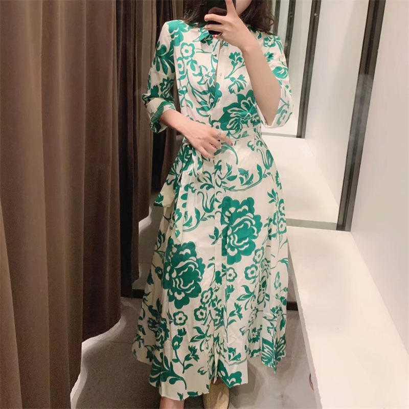 Cross-border foreign trade European and American women's clothing wholesale 2022 summer new shirt dress printed with belt cardigan dress long dress - Image 2