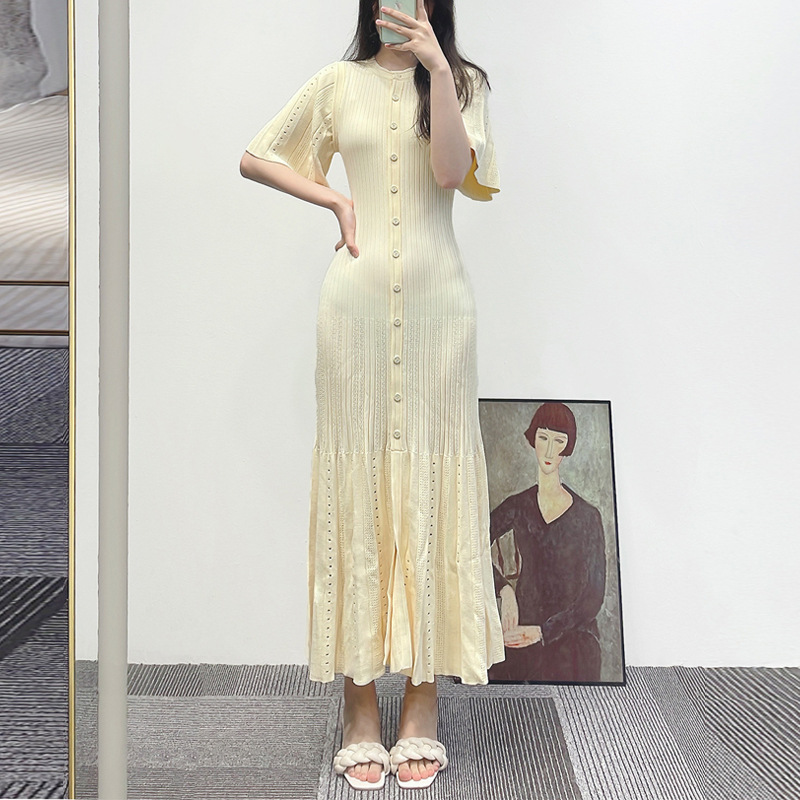 Foreign trade Middle Eastern celebrity style new style temperament waist trumpet sleeve knitted dress ladies round neck single breasted long skirt - Image 5