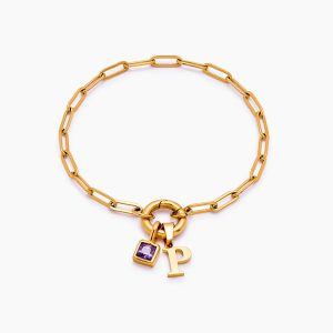 18K gold-plated stainless steel paperclip chain with letter birthstone zircon pendant bracelet, 26 birthstone letters.