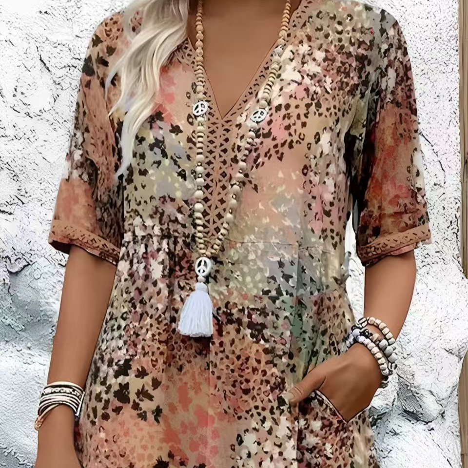Amazon 2025 European and American new printed summer V-neck casual vacation pocket dress home clothes foreign trade women