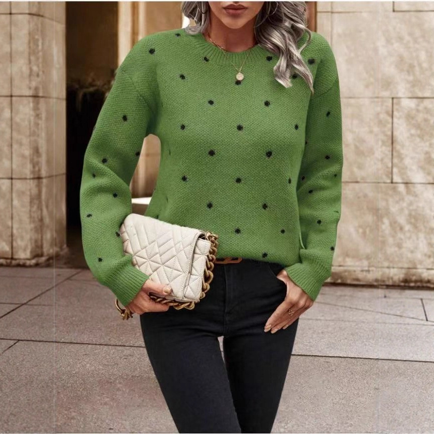 Popular European and American style polka dot knit sweater, sweet round neck long-sleeved top, fashionable and versatile pullover sweater for autumn and winter.
