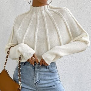 European and American cross-border Amazon semi-high neck solid color versatile knitted pullover batwing sleeve sweater women's outerwear