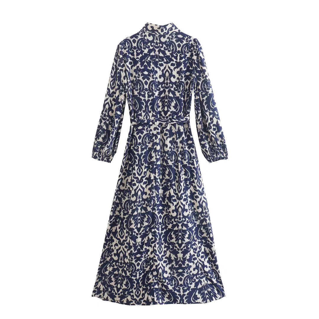 1429 Spring new women's clothing European and American style stand-up collar printed midi long-sleeved waist tie dress 5216045 - Image 2