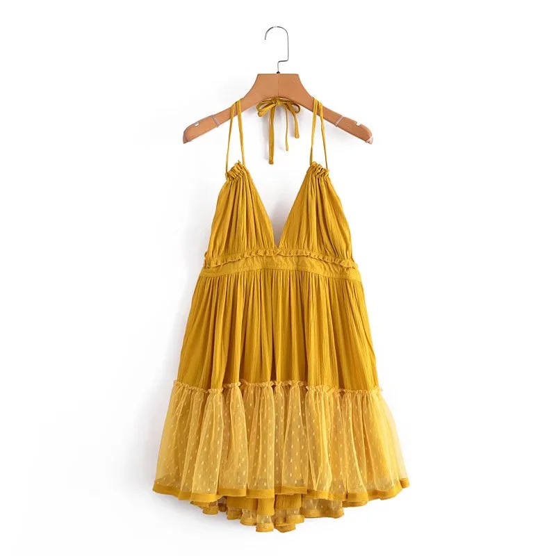 Foreign Trade 2022 Summer New European and American V-neck Waist Slim Hem Mesh Stitching Backless Suspender Dress Women - Image 9