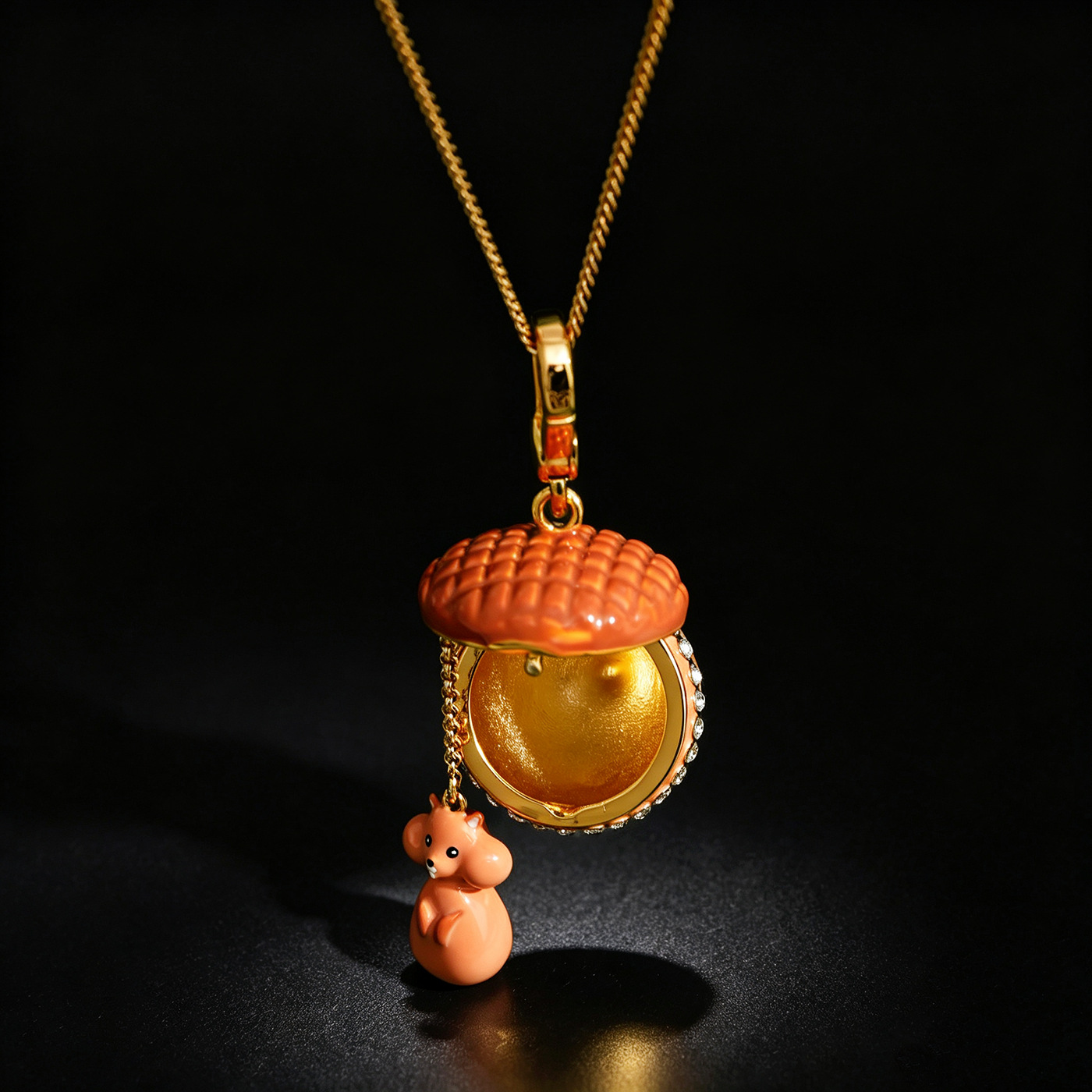 Original 3D diamond-encrusted enamel orange nut pendant design with openable squirrel and acorn clavicle chain - Image 2