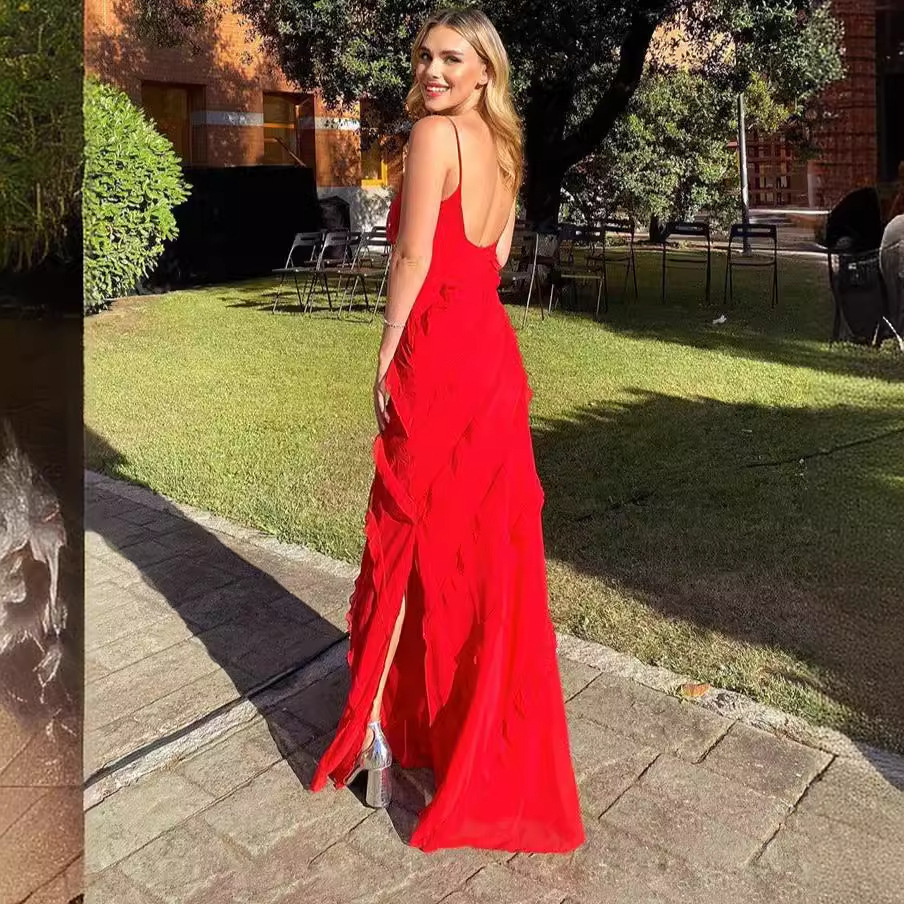 European and American foreign trade women's spring and summer sexy backless sling U-neck off-shoulder wave slim side slit dress long - Image 2
