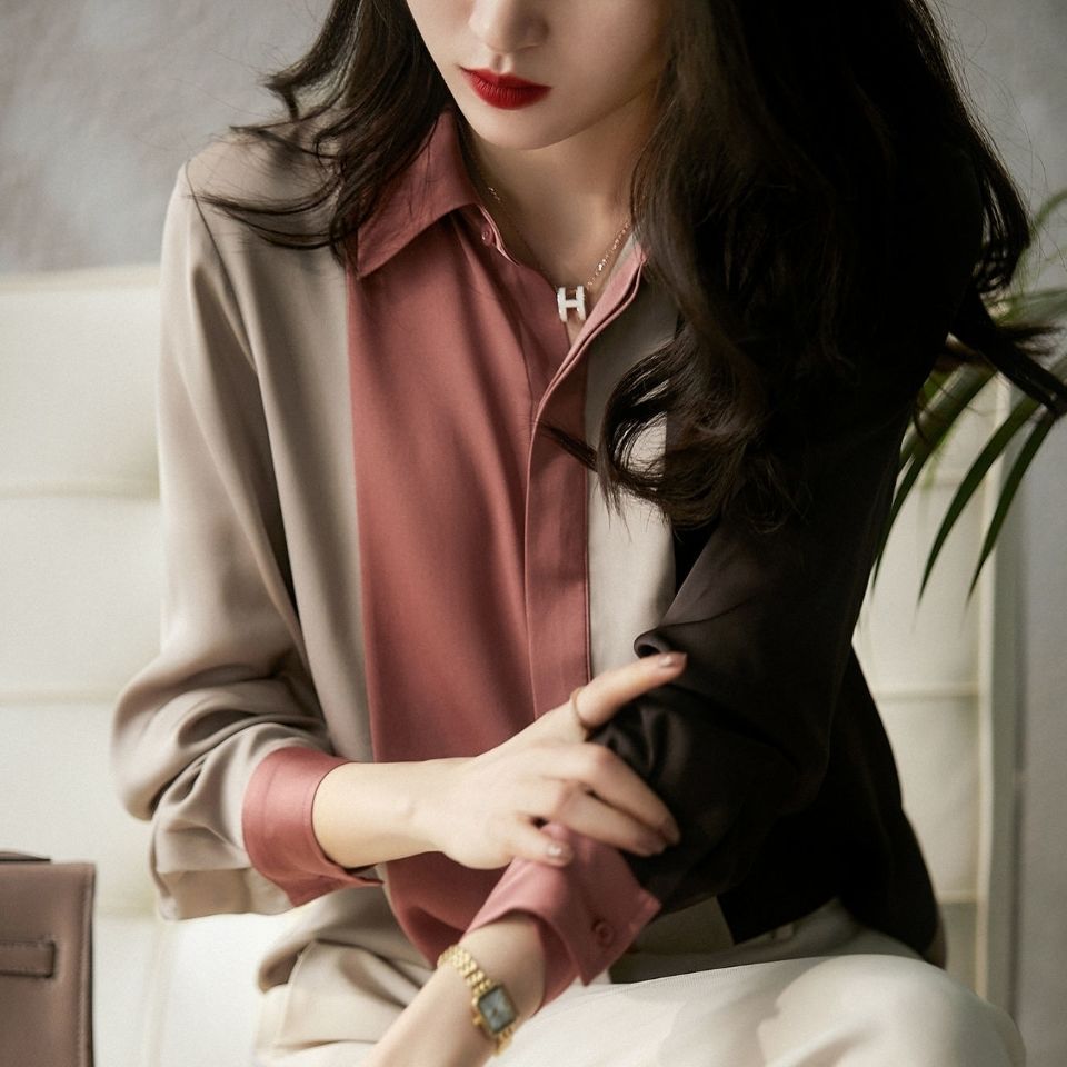 Color-blocking shirt long-sleeved women's autumn 2022 new shirt loose foreign style niche chiffon shirt professional wear top women - Image 3