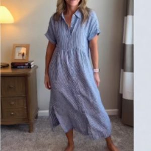 European and American cross-border loose plus size striped short-sleeved shirt dress for women, new summer casual cotton linen mid-length skirt