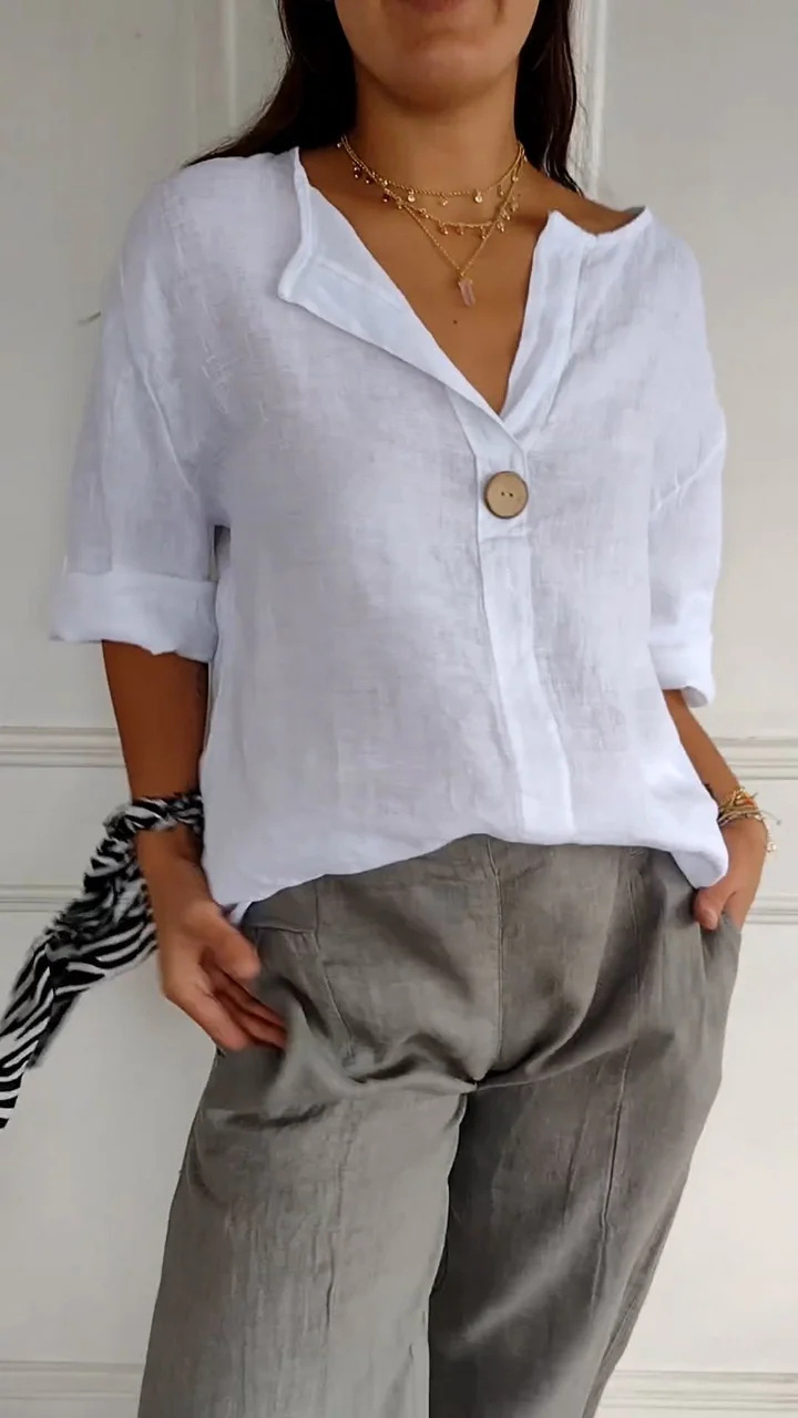 Amazon 2026 Cross-border European and American Summer New Loose T-shirt Women's V-neck Cotton Linen Button Top - Image 9