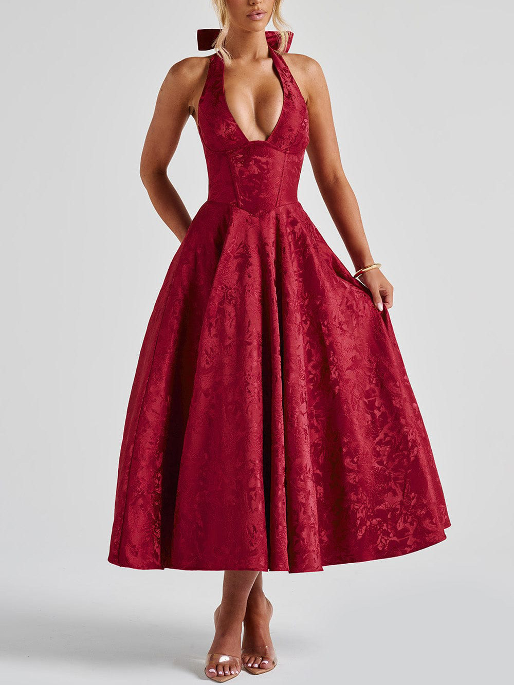 European and American cross-border V-neck halter neck jacquard dress high-end evening dress spring and summer temperament sleeveless backless waist long dress - Image 6