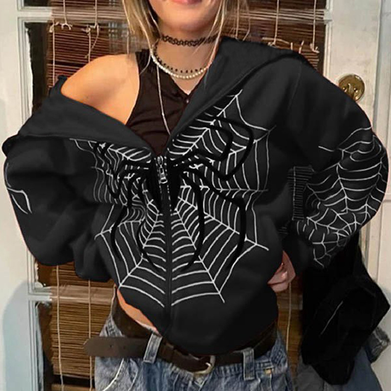 2022 new cross-border European and American INS autumn and winter spider web print street fashion full zipper pullover hooded sweatshirt - Image 7