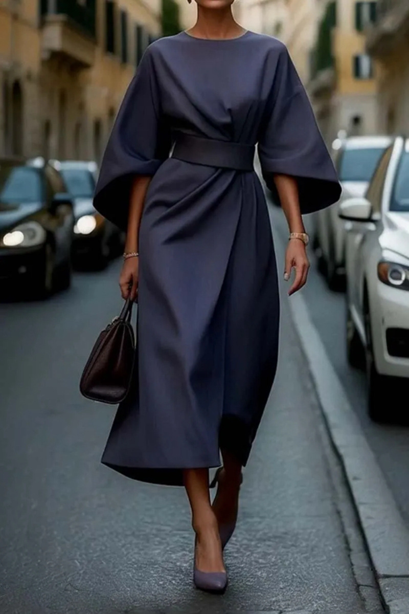 2025 Foreign Trade Women's Clothing, European and American Cross-border Fashion, Elegant Solid Color Waist-cinching Dress, Casual Batwing Sleeve Long Skirt - Image 10