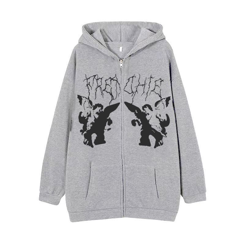 New arrival Skull Wings Hooded Zipper Sweatshirt Women Korean Style Plus Velvet Thickened Loose Sports Cardigan Sweatshirt Women - Image 10