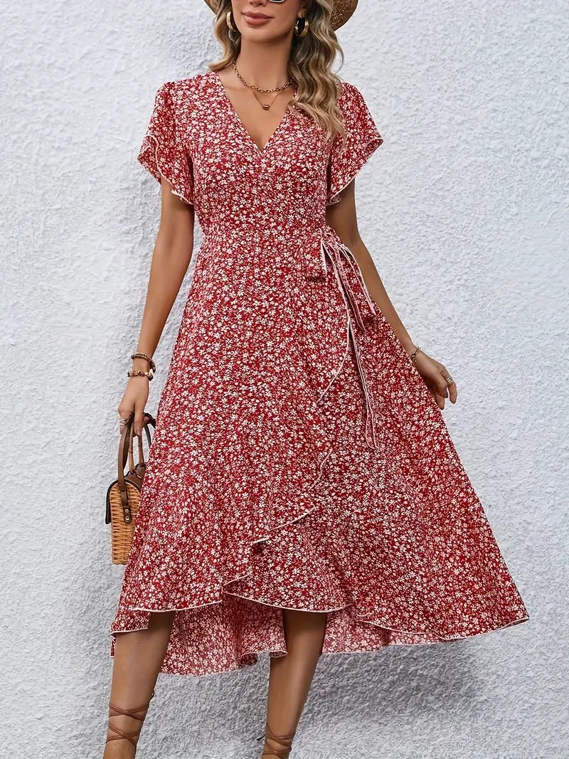 Independent Amazon cross-border e-commerce platform, floral print V-neck cardigan with tie-up short sleeves, bohemian style, full skirt, vacation dress - Image 11