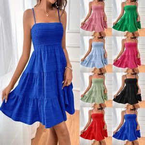 2026 New Summer Women's Clothing from Amazon Europe and America: Off-the-shoulder spaghetti strap solid color textured dress
