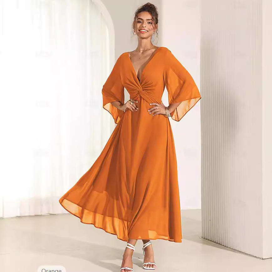 2024 Cross-Border Amazon Temu Solid Color V-Neck Flared Sleeve Maxi Dress Party Dress 3/4 Long Sleeve - Image 5