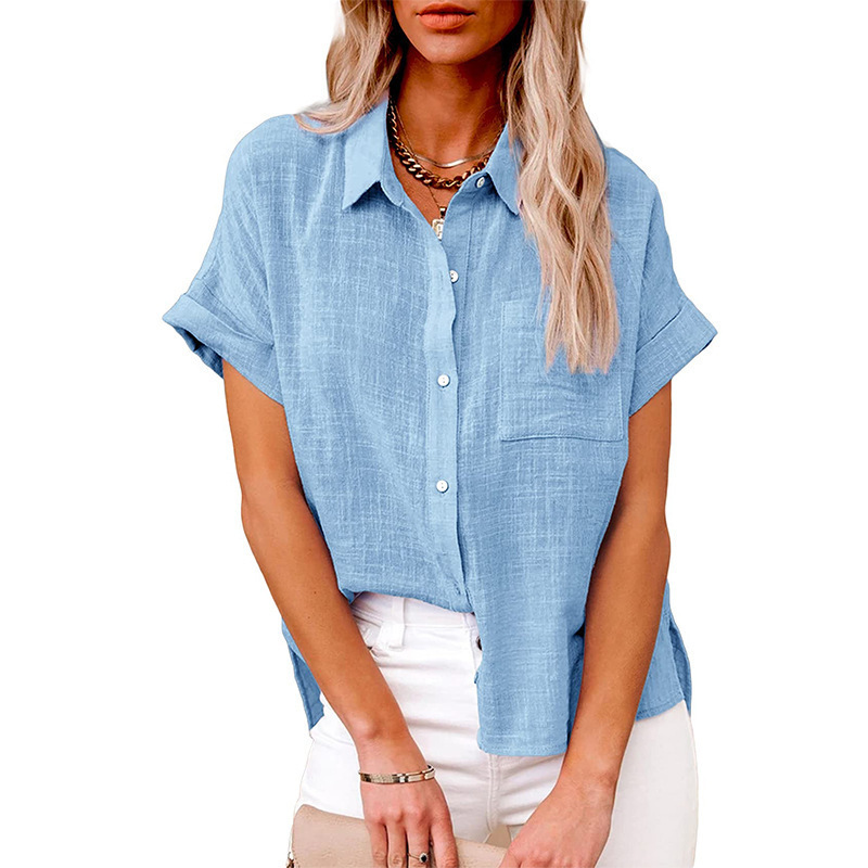 Amazon wish2022 summer new European and American cross-border women's solid color linen shirt short-sleeved casual loose shirt - Image 2