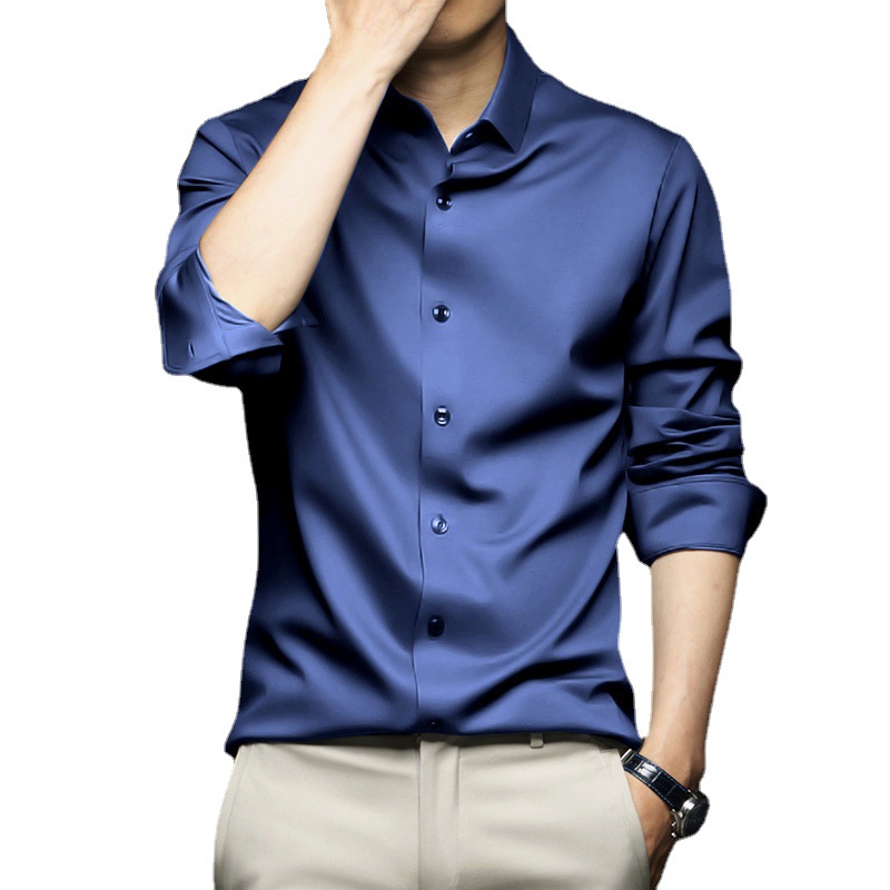 Spring and summer men's long-sleeved shirt anti-wrinkle and non-ironing professional formal wear trendy business high-end ice silk shirt black inch shirt - Image 16