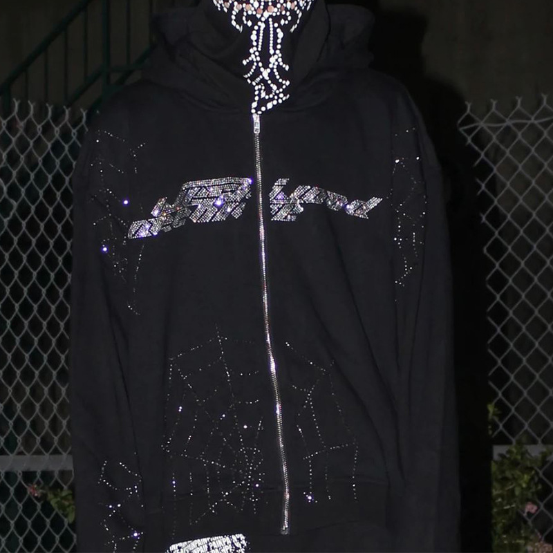 2022 AliExpress New Ladies Street Hoodie Skull Rhinestone Zipper Hooded Hoodie - Image 16
