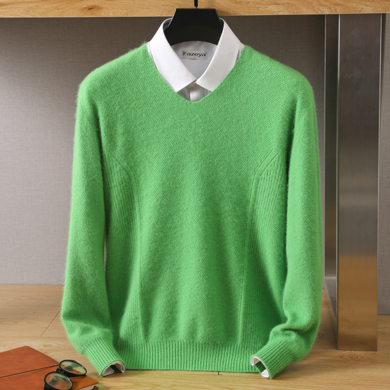 Autumn and winter new men's V-neck loose pullover solid color mink velvet base sweater knitted sweater inner top wool sweater - Image 2