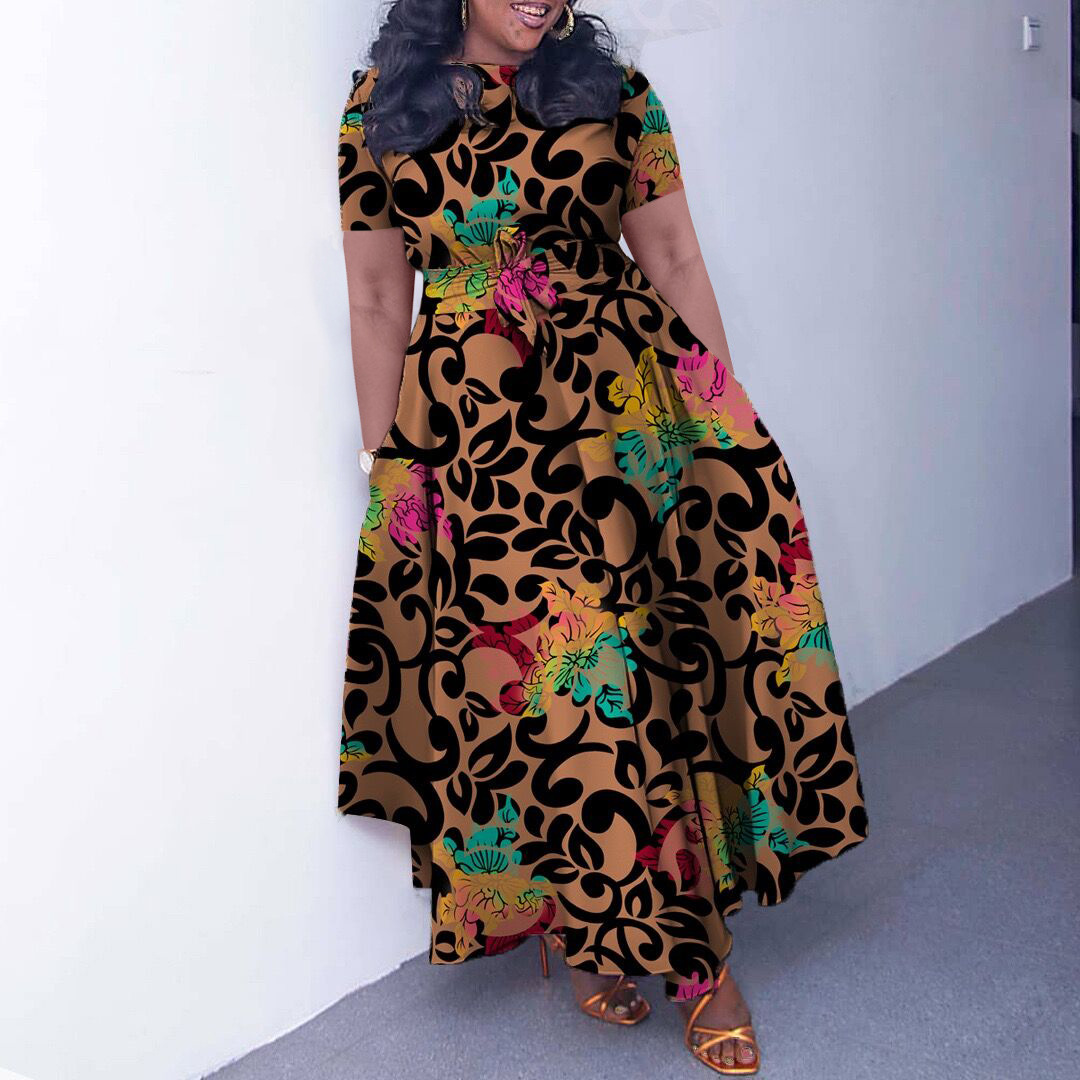 D3266 Cross-border Women's Clothing 2024 New Fashionable and Elegant Tie-waist Plus Size Short Sleeve Full Skirt Dress (Foreign Trade) - Image 4