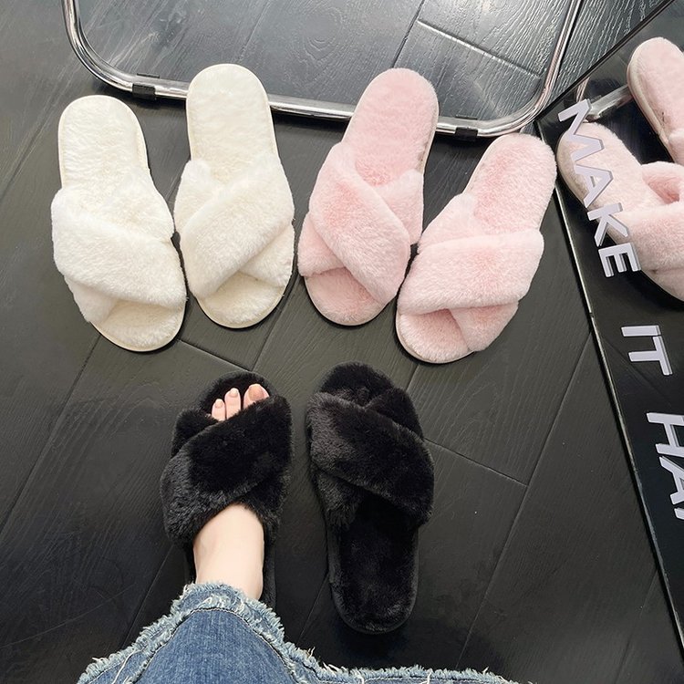 Autumn and winter furry fashion home cross open toe outdoor fur slippers for women flat non-slip cotton slippers warm women's shoes - Image 4