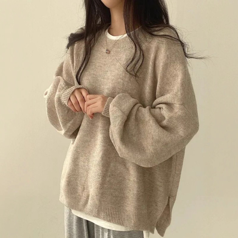 Cross-border European and American women's clothing tk hot style casual versatile solid color split pullover loose long-sleeved ladies sweater autumn and winter 25 - Image 3