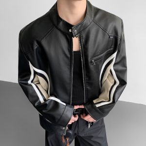 Cool and stylish American motorcycle jacket, color-blocked, wide-shouldered, short leather jacket, trendy stand-up collar, autumn padded shoulder coat, PU leather.