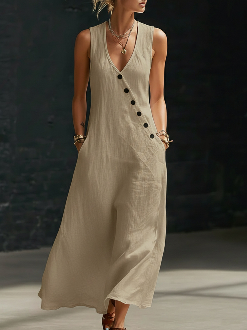 In stock Amazon summer cross-border V-neck sleeveless diagonal button vest dress long women's vacation casual dress - Image 12