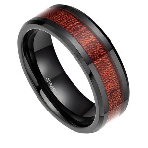 Wood-Grain Inlay Black Ceramic Ring