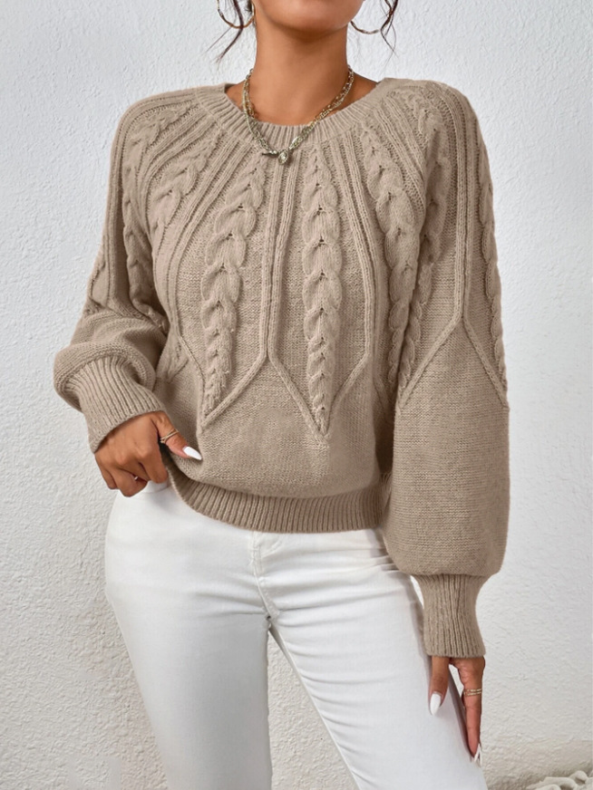 Amazon pullover crew neck knit sweater, cross-border foreign trade, long-sleeved cable knit solid color autumn and winter versatile knit top for women - Image 9