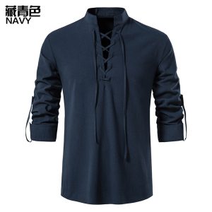 2023 Men's New Amazon Men's Cotton and Linen Henley Shirt Long Sleeve Hippie Casual Beach Stand Collar Shirt European Size