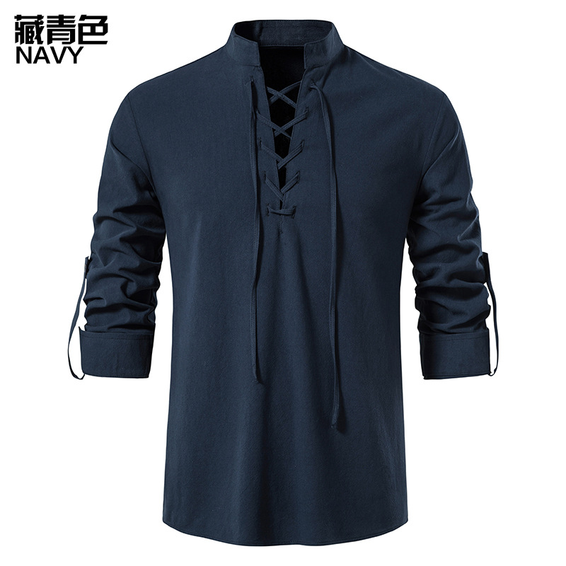 2023 Men's New Amazon Men's Cotton and Linen Henley Shirt Long Sleeve Hippie Casual Beach Stand Collar Shirt European Size