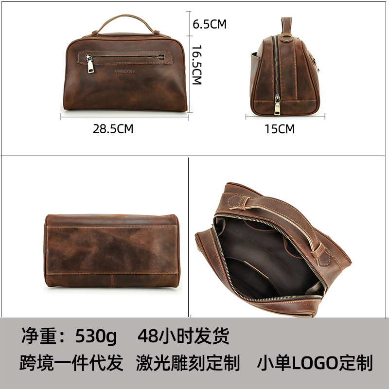 Black Angel Vintage Crazy Horse Leather Portable Unisex Storage Bag Large Capacity Genuine Leather Cosmetic Bag Washing Bag - Image 4