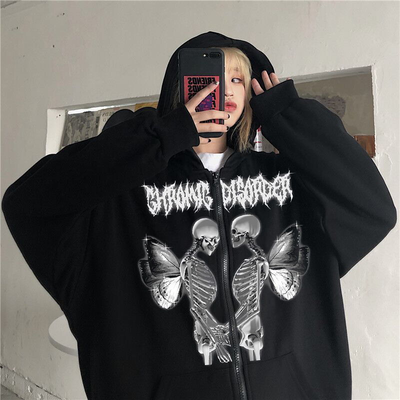 New spot skull wings hooded zipper sweater women's Korean version plus velvet thickened loose sports cardigan sweater women - Image 5