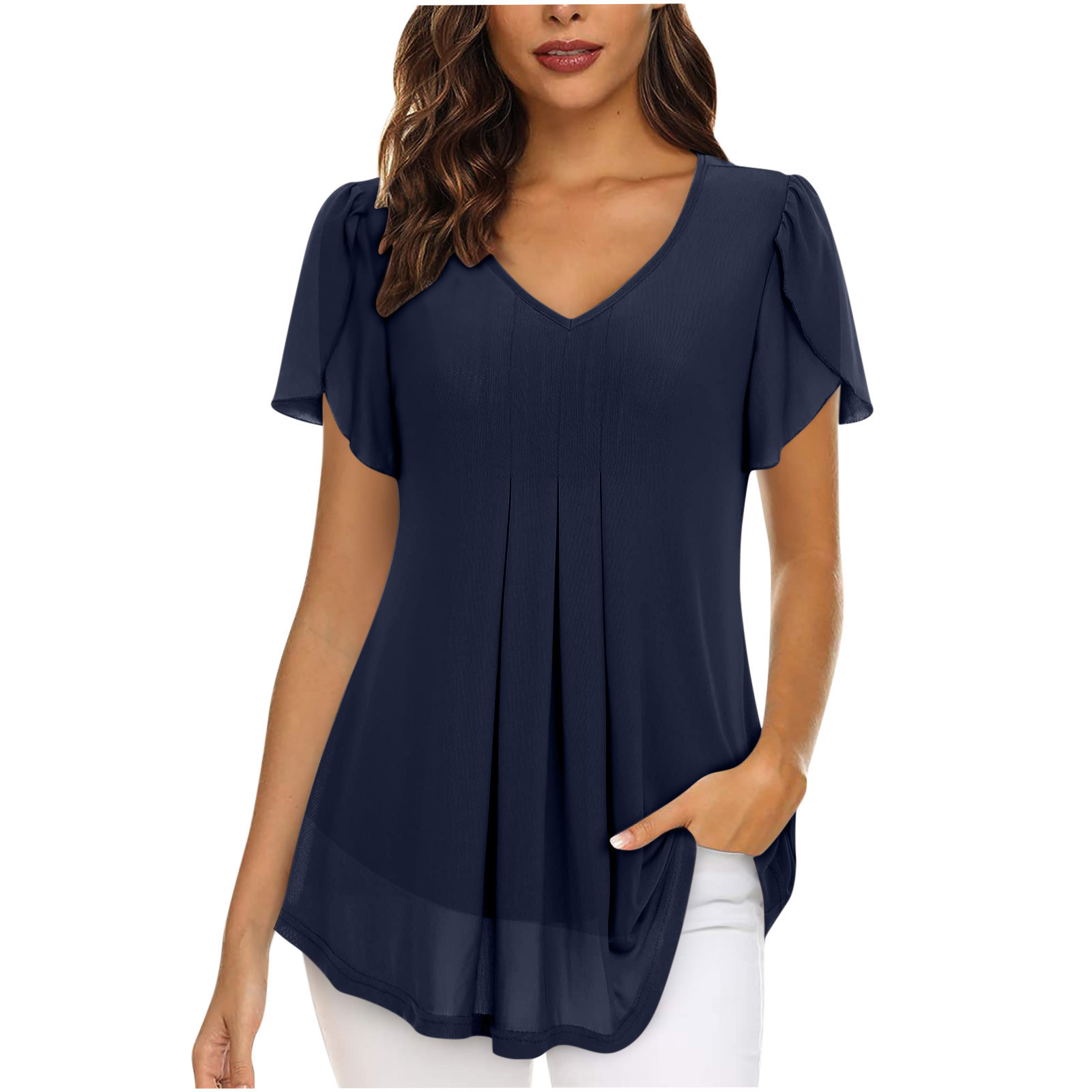 2023 European and American style women's chiffon blouse with petal-shaped short sleeves, waist-cinching top, summer casual T-shirt with pleats - Image 13