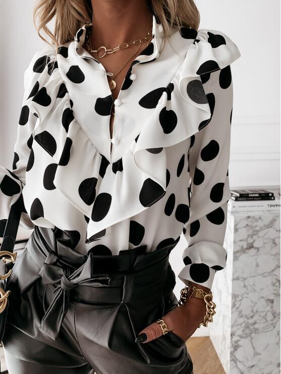 Spot 2020 autumn and winter new products AliExpress independent station long-sleeved ruffled temperament printed women's shirt