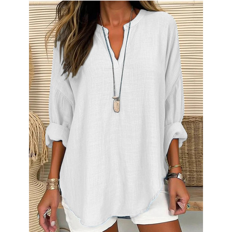2023 cross-border foreign trade Europe and America hot-selling women's autumn and winter V-neck cotton and linen pure large size shirt - Image 6