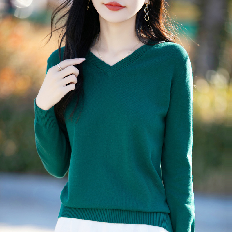 100% Cotton Spring New V-Neck Knitted Long-Sleeved Soft Loose Pullover Simple Solid Color Stylish Base Layer Women's Clothing - Image 10