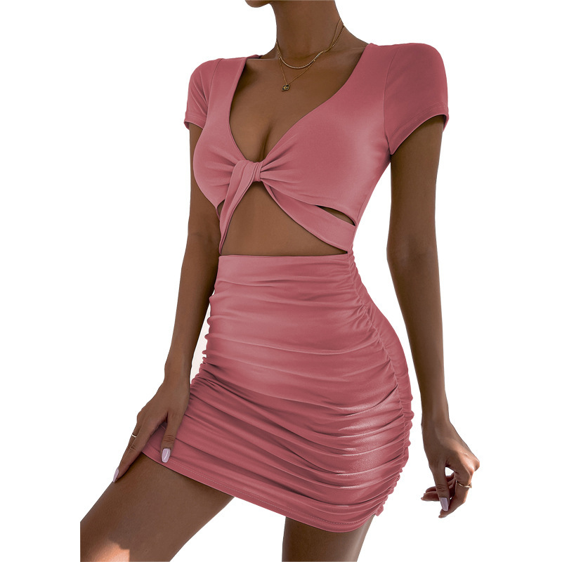 2024 Amazon cross-border women's short-sleeved summer foreign trade wholesale European and American sexy V-neck waist-revealing hip dress - Image 2