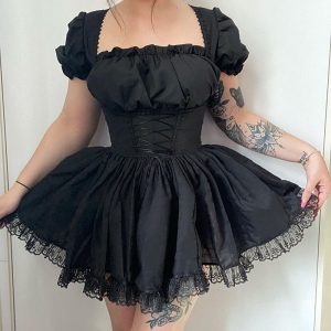 CC21011 one-shoulder lace stitching dress European and American dark style temperament waist slimming fluffy short skirt female
