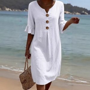 2026 Amazon Europe & America Cross-Border Spring/Summer New Cotton Linen V-Neck Large Button Ruffle Sleeve Design Women's Dress