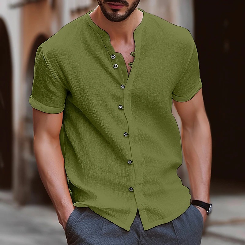 Cross-border Amazon eBay hot selling Hawaii new fashion men's retro button cotton and linen casual short-sleeved shirt - Image 9