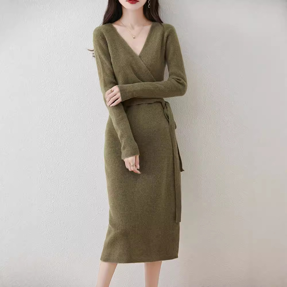 2024 Autumn/Winter New Light Luxury Pure Wool Dress Cross Neck Waist Tie-Waist Long Dress Slimming Knit Dress - Image 3