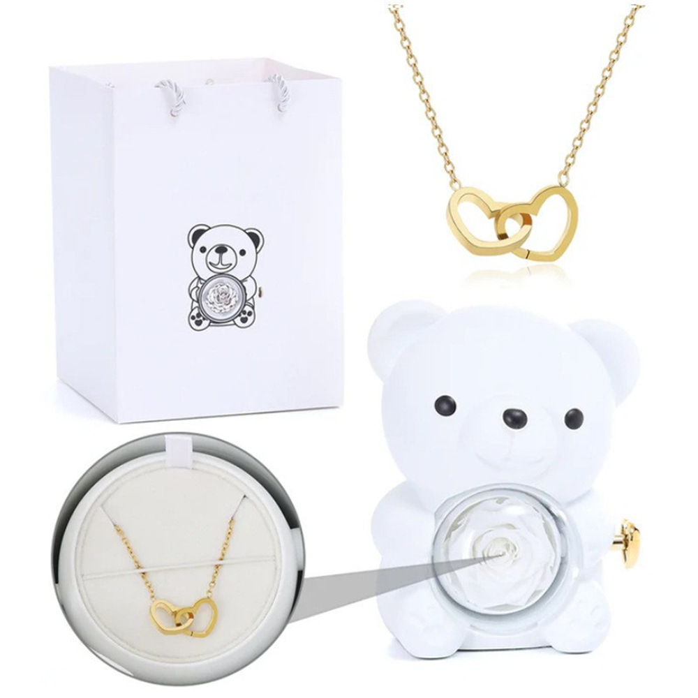 Engraved double heart rotating bear rose jewelry box, cuddly bear preserved flower gift box, rose necklace gift box - Image 9