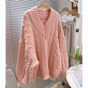 Women's V-neck Thick Cable Knit Sweater, Autumn/Winter, Loose Fit, Relaxed Style, Unique Design, Warm Knit Top
