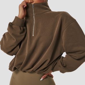 European and American ins pullover high collar fitness sports sweatshirt for women outdoor running drawstring zipper loose long sleeve sweatshirt for women